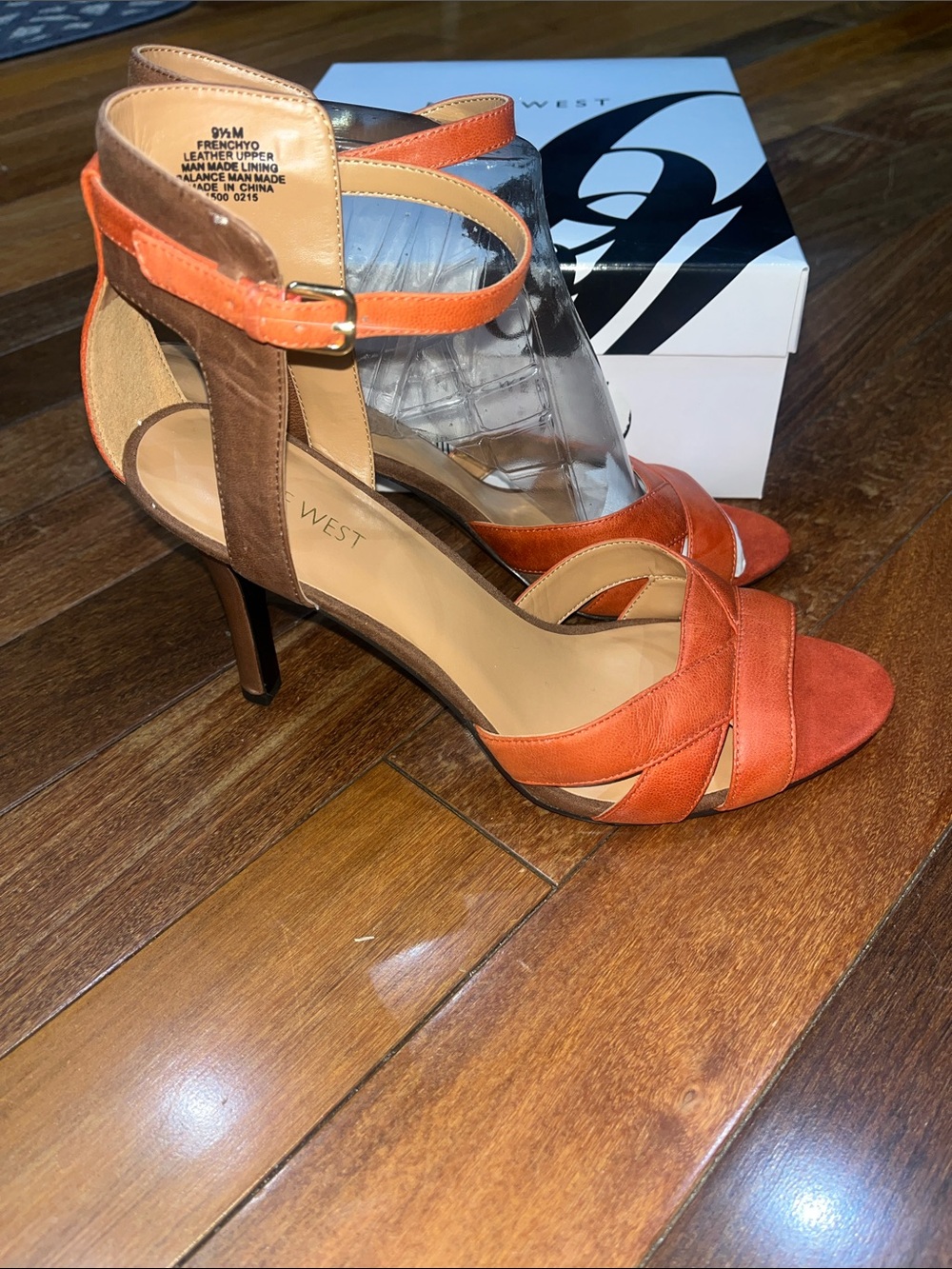 New In Box Size 9 1/2 Nine West Orange and Brown Ankle-Strap Heeled Sandals - Picture 3 of 5